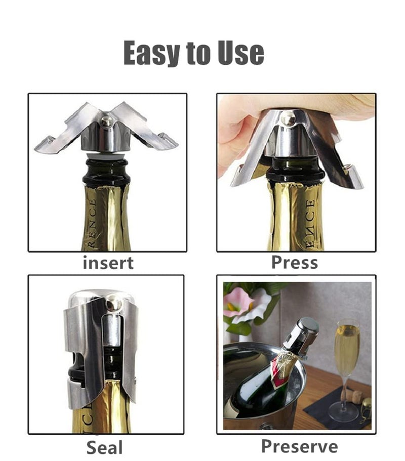 MIUVA 3 Pack Reusable Champagne Stoppers, Stainless Steel Wine Sparkling Bottle Cork Set with a Built In Sealing Plug,Sealer for Cava, Prosecco (Silver) - Image 4